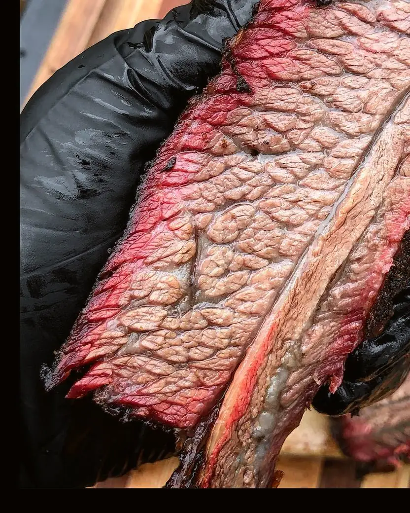 Καπνιστό beef dino rib σε κοντινό πλάνο, με σκούρα κρούστα και ροζ smoke ring